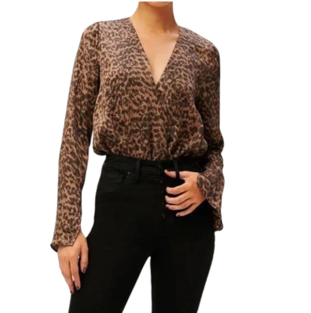 Good American NEW Sepia Leopard Faux Wrap Bodysuit Brown Black 1 or US Small